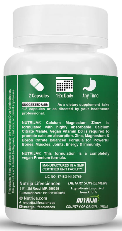 NutriJa Calcium Magnesium Zinc with Vitamin D3, Boron, K2 & B12 | Complete Bone Health & Joint Support Supplement for Men & Women (60 Capsules)