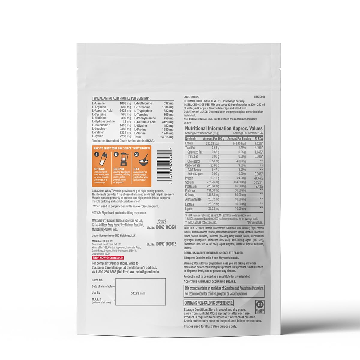 GNC Whey Protein Blend With Free Shaker | 2.2 LBS (1KG) | Chocolate |24 Gm Protein| Digestive Enzyme For Better Digestion | Faster Muscle Recovery | Boosts Strength| Builds Lean Muscles| Imported