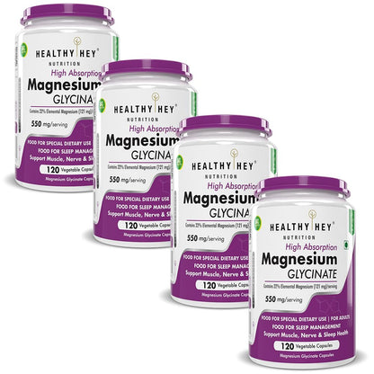 HealthyHey Nutrition High Absorption Magnesium Glycinate, 550mg - 120 Vegetable Capsules - Pack of 4