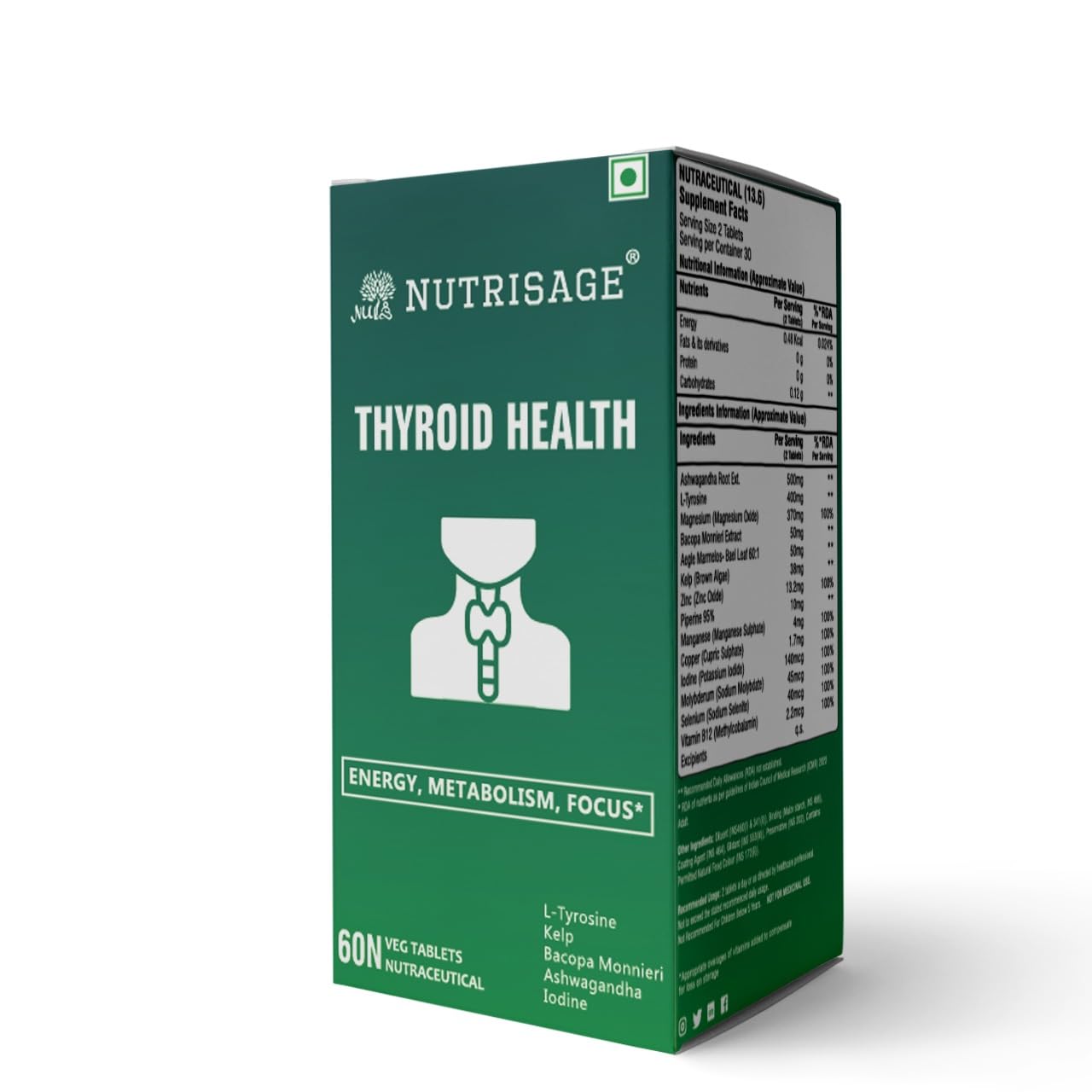 Nutrisage Thyroid Support Supplement - Energy & Focus Support Formula - Vegetarian & Non-GMO - Vitamin B12 Complex, Zinc, Selenium, Ashwagandha, Copper & More 1 Mth Supply (Pack of 1)