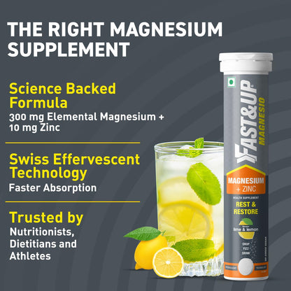 Fast&Up Magnesio - Restful Sleep Supplement - Magnesium & Zinc for Stress Management & Promoting Deep Sleep (60 Effervescent Tablets, Lime & Lemon Flavor)