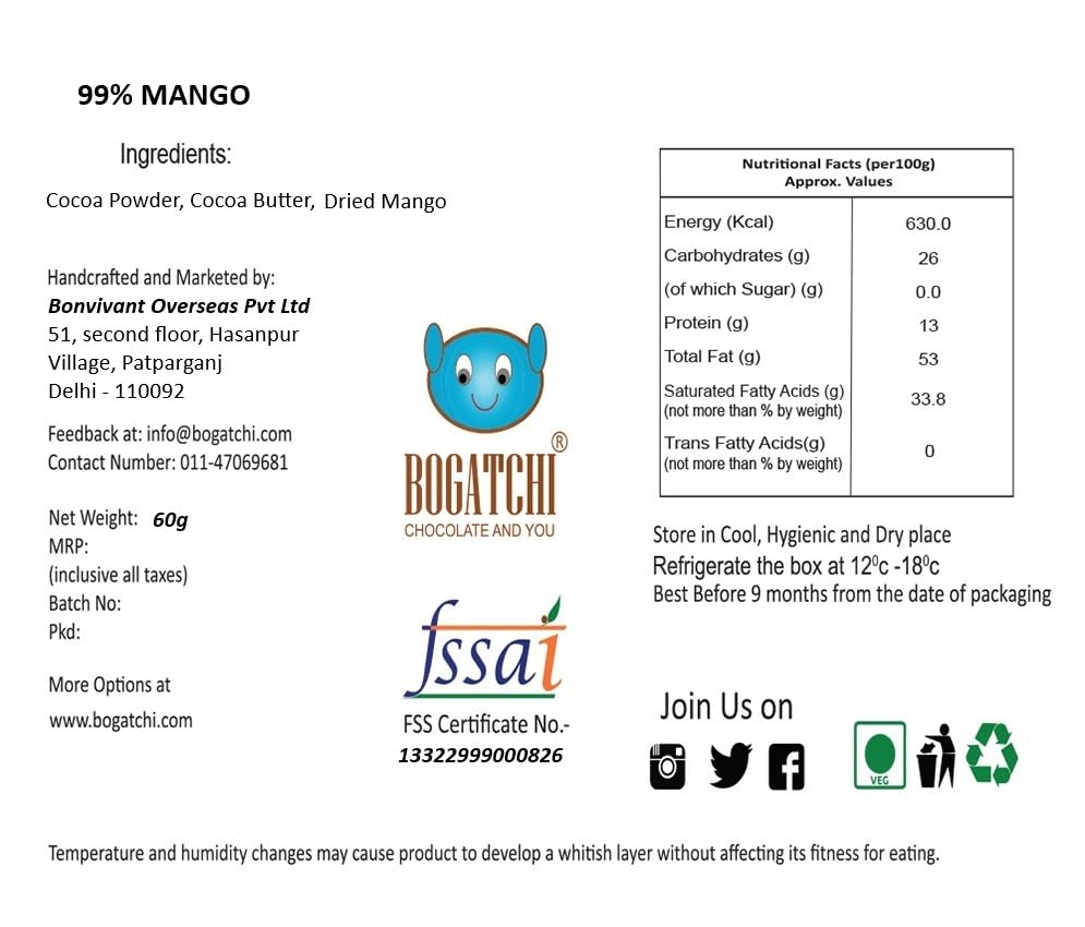 BOGATCHI Dark Chocolate 99%| Mango | Real Cocoa Intense Dark Chocolate, 60 gm