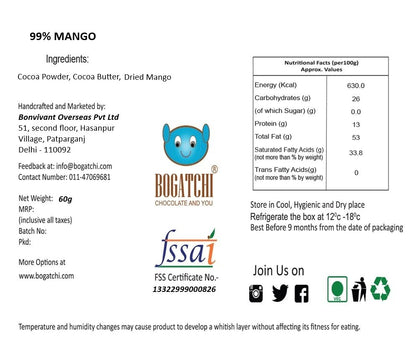BOGATCHI Dark Chocolate 99%| Mango | Real Cocoa Intense Dark Chocolate, 60 gm