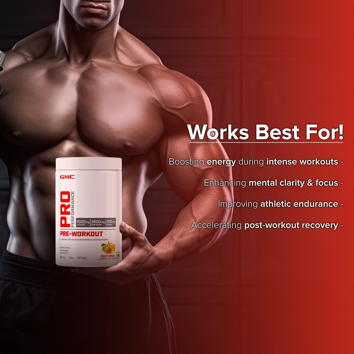 GNC Pro Performance Pre-Workout | 360 gm | 30 Servings | Boosts Pump & Energy | Speeds Up Recovery | 1500 mg L-Arginine | 3500 mg Beta-Alanine | 200 mg Caffeine | Fruit Punch