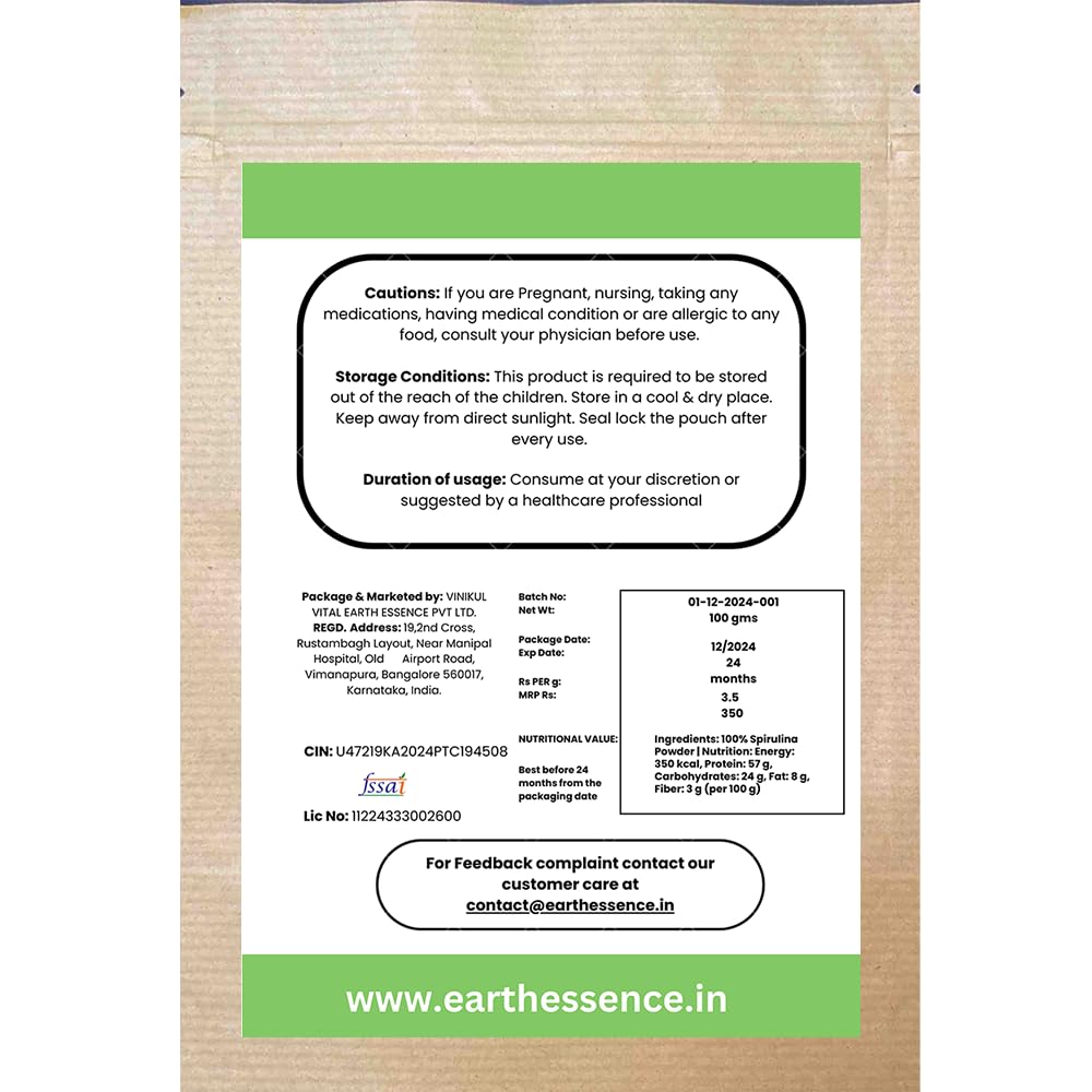 EARTHESSENCE Spirulina Powder | 100g | 100% Pure Spirulina Powder | Superfood for Energy & Immunity | Helps Naturally Boost Energy Levels, Improves Stamina & Vitality, Rich In Vitamins & Minerals & Omega 3 6 9 |
