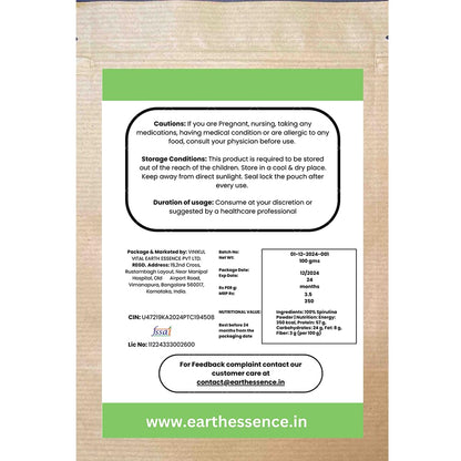 EARTHESSENCE Spirulina Powder | 100g | 100% Pure Spirulina Powder | Superfood for Energy & Immunity | Helps Naturally Boost Energy Levels, Improves Stamina & Vitality, Rich In Vitamins & Minerals & Omega 3 6 9 |