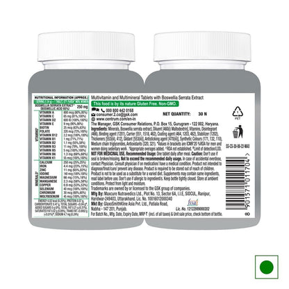 Centrum Adult 50+, World's No.1 Multivitamin with Calcium, Vitamin D3 & 21 other Nutrients for Overall Health, Strong Joints & Heart Health (Veg) 30 Tablets