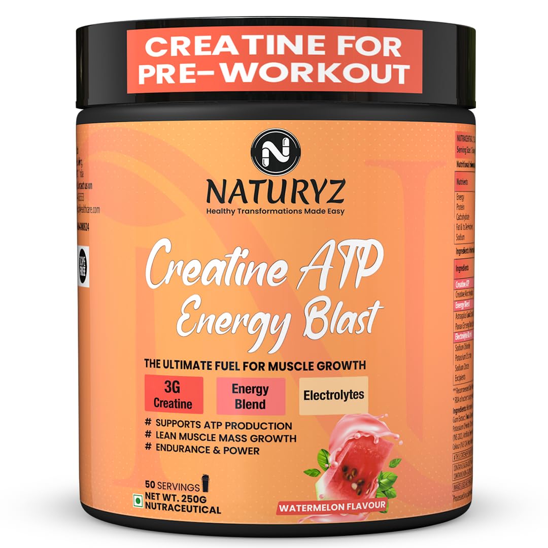 NATURYZ Creatine ATP Energy Blast 3G Creatine | Pre Workout ATP Energy Drink | Electrolytes | Supports Lean Muscle Mass & Volume, Endurance & Power for Intense Workout - 250g(Watermelon)