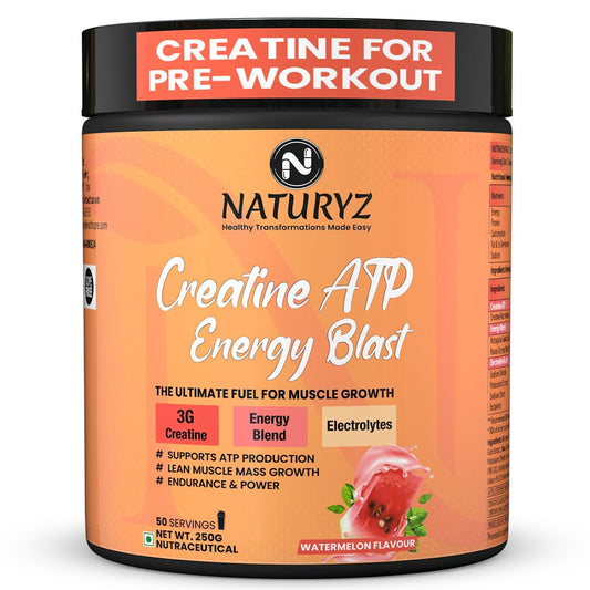 NATURYZ Creatine ATP Energy Blast 3G Creatine | Pre Workout ATP Energy Drink | Electrolytes | Supports Lean Muscle Mass & Volume, Endurance & Power for Intense Workout - 250g(Watermelon)