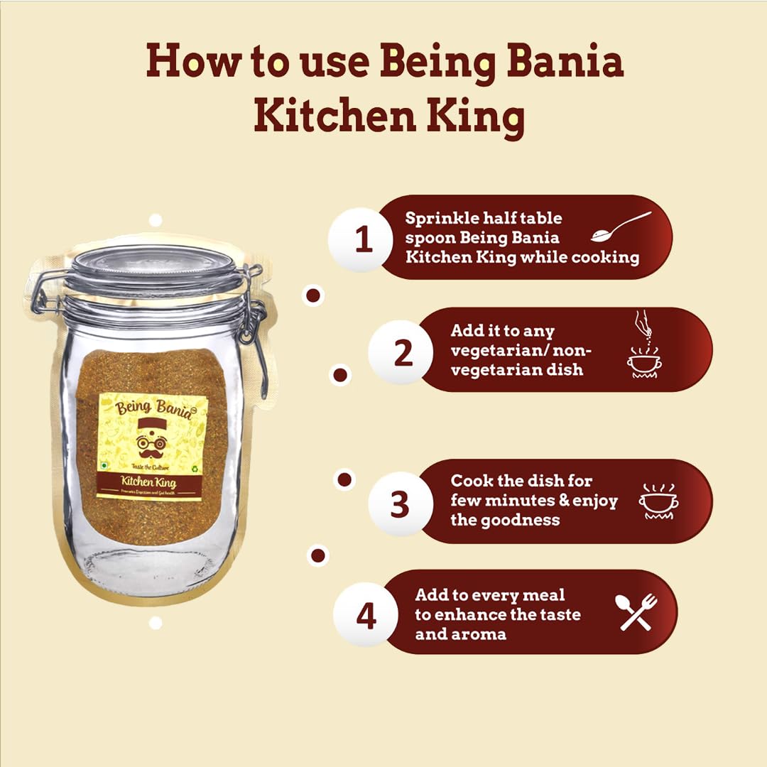Being Bania Kitchen King Masala Pouch, 100 Gms | 100% Natural |natural Jain Masala No garlic or onion | | No Added Flavors or Preservative | For Healthy Routine | Promote Digestion & Gut Health | Exotic Indian Spices | Indian Masala