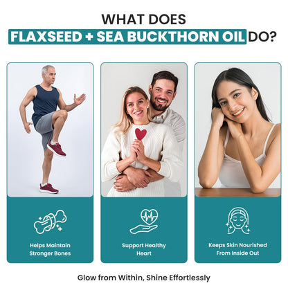 Naturyz Vegetarian Omega 3 Flaxseed + Sea buckthorn Oil Capsules 1120mg | Extra Virgin Cold Pressed Oil supplement with Omega 3, 6, 7 & 9 | Supports Healthy Heart, Skin, Brain & Gut | Plant source| Pack of 60