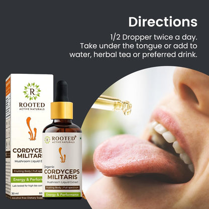 R ROOTED ACTIVE NATURALS Cordyceps Mushroom Supplement, Organic Extract Tincture | For Energy, Stamina, Supports Respiratory & Kidney Health| Non Gmo, No Alcohol Exctract | 30 Ml - 60 Servings