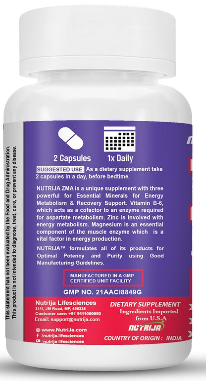 NutriJa ZMA Supplement with Magnesium Glycinate, Zinc & Vitamin B6-60 Capsules | Added Boron & BioPerine for Muscle Recovery, Strength & Better Sleep Quality | High Absorption Supplement