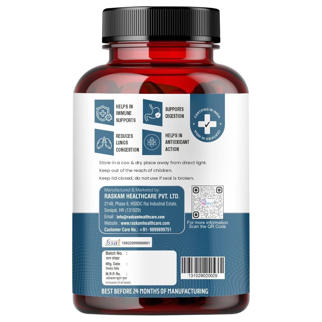 Raskam Lungs & Liver Detox Supplement with Milk Thistle & N-Acetyl Cysteine for Immune Support, 60 Veg Capsules