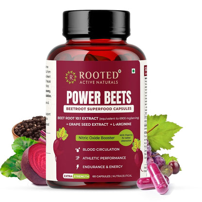 Rooted Active's PowerBeets - Beet Root Capsules, Helps Support Nitric Oxide Production, Blood Pressure, Heart Health, Contains Non-GMO Beetroot Powder, Grape Seed Extract (60 Caps)