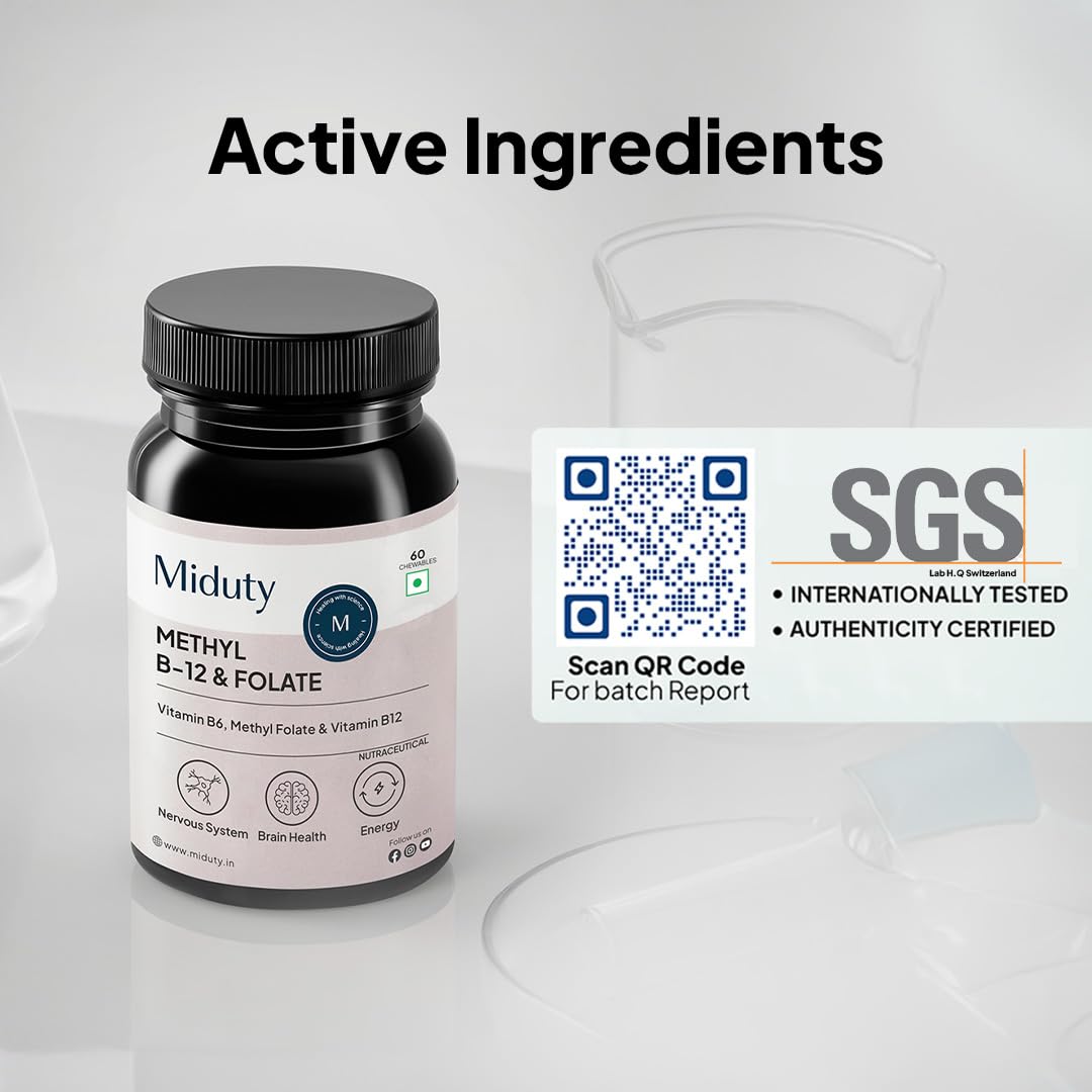 Miduty Vitamin B12 – Active Methylcobalamin - Bioactive B-Complex with B6, B9, B12 – Triple Power Punch Formula for Energy, Mood, Brain & Nerve Support – Fast Absorbing Chewable – 60 Veg Tablets