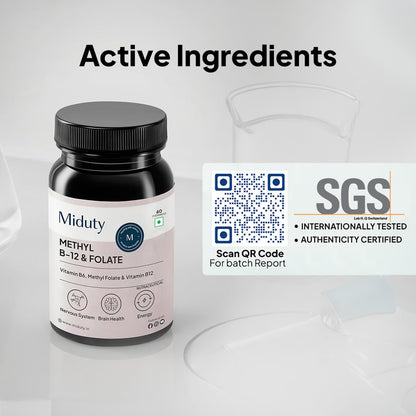 Miduty Vitamin B12 – Active Methylcobalamin - Bioactive B-Complex with B6, B9, B12 – Triple Power Punch Formula for Energy, Mood, Brain & Nerve Support – Fast Absorbing Chewable – 60 Veg Tablets