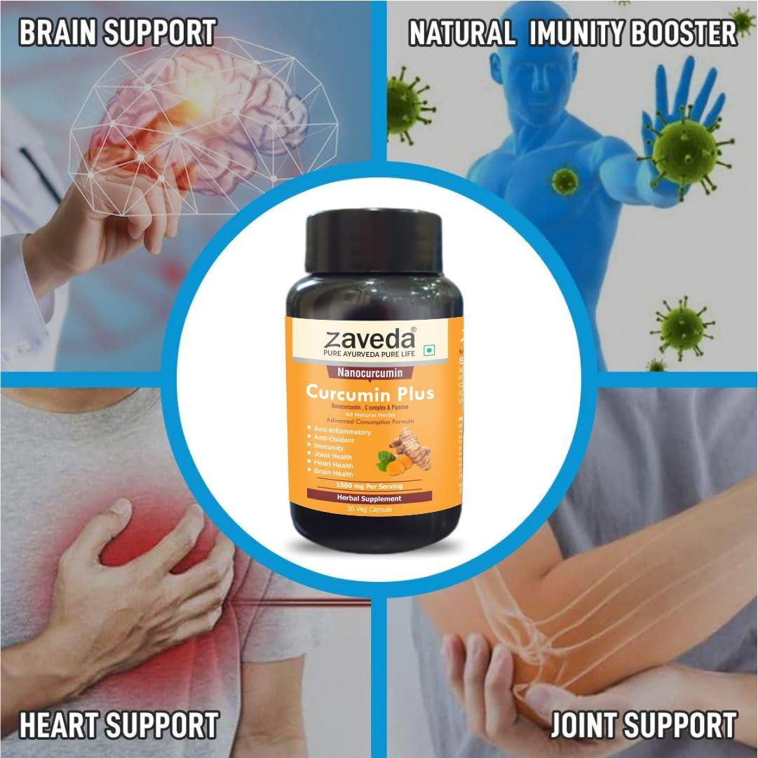Zaveda Nano Curcumin Plus 1500mg| High absorption Pure Nano Curcumin with Biopiperine | Ayurvedic | Antioxidant & Anti-inflammatory - Skin, Heart, Joint Support |Veg Caps 30