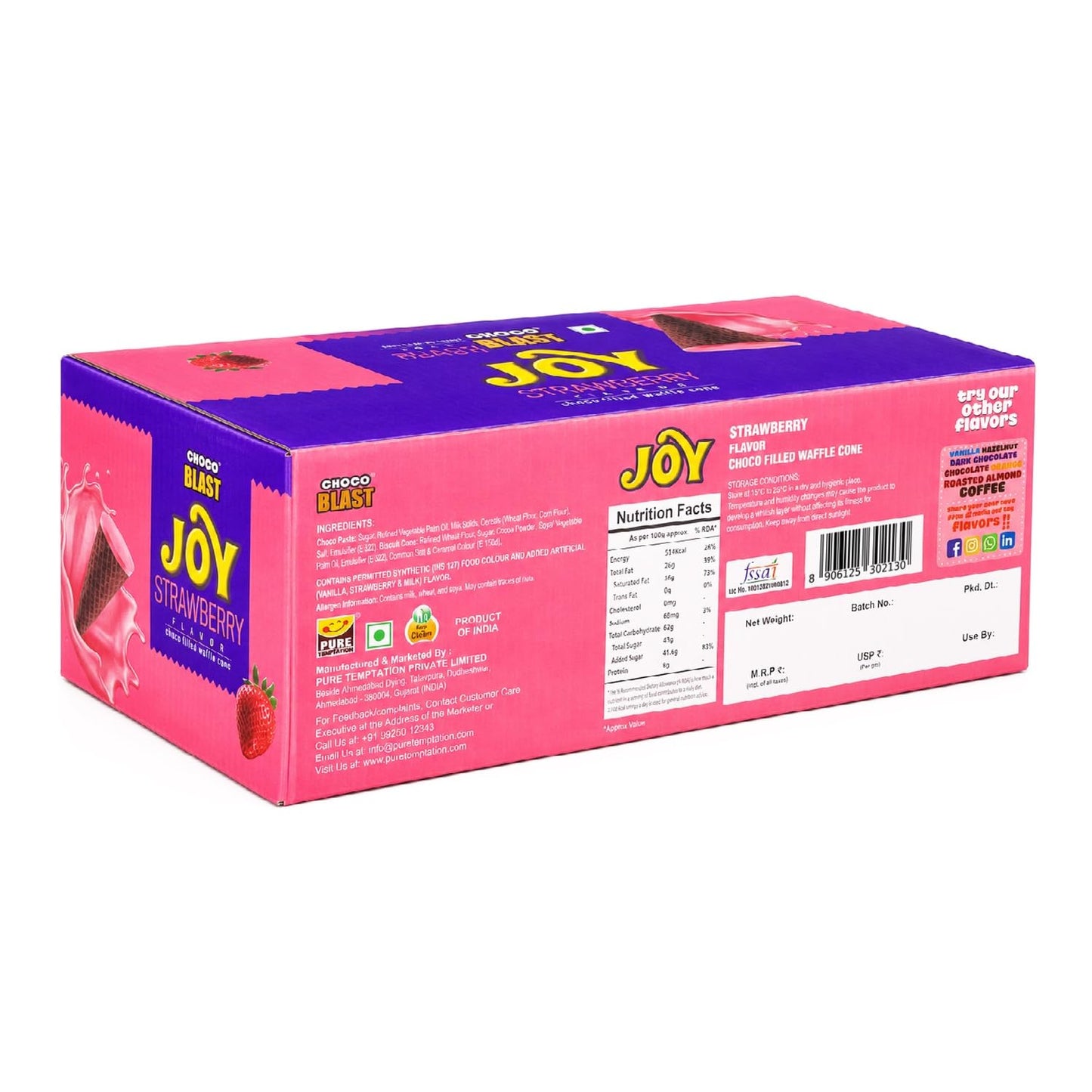 Pure Temptation Joy Strawberry Flavored Waffle Cone - Chocolates For Kids Gift Pack - 1 X 24 Pcs - Display Stand - Birthday Chocolate Gift Box For Girls & Boys - Family Chocolate Pack