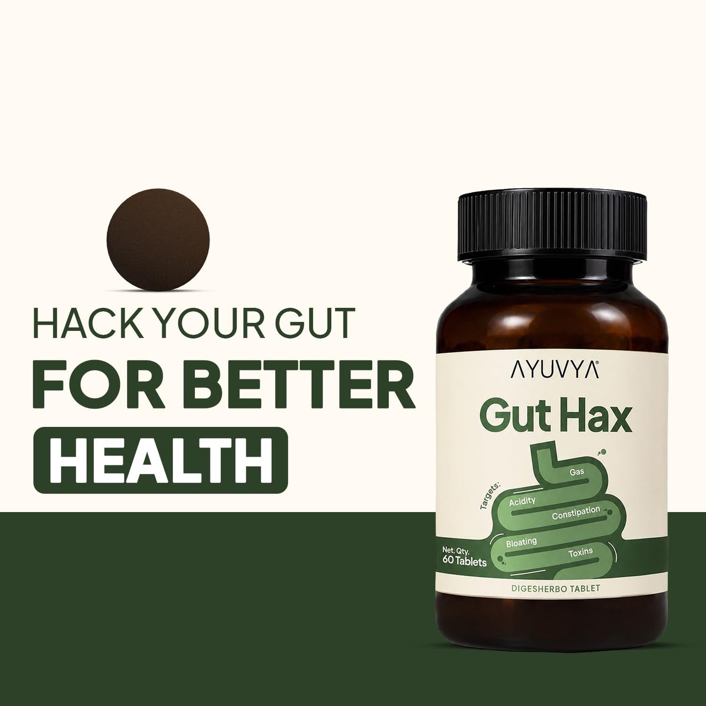 Auvya Gut Hax Ayurvedic Tablets for Gas, Acidity, Bloating & Constipation – 60 Ayurvedic Tablets