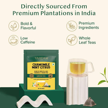 VAHDAM, Chamomile Mint Citrus Green Tea Bags (50 Count) | Sweet & Floral |Low Caffeine, Non-GMO, Gluten Free | Resealable Ziplock Pouch | Chamomile, Mint Tea Bags