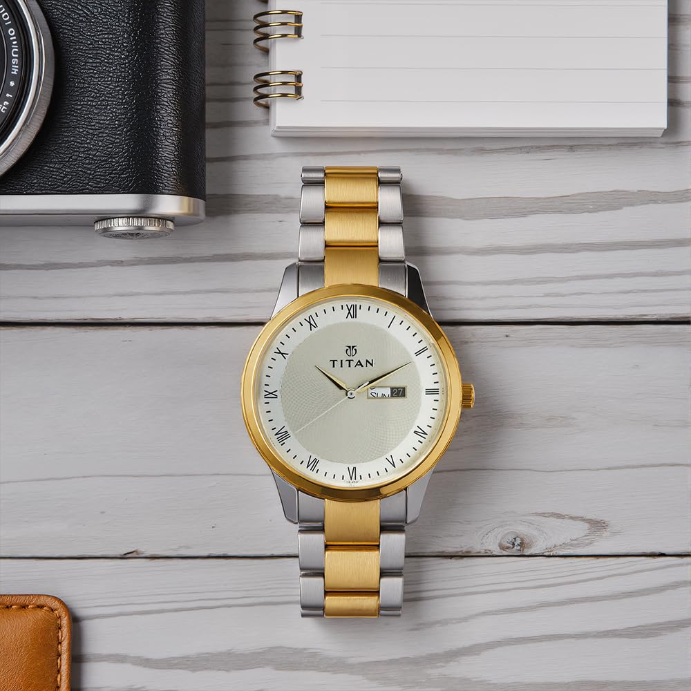 Titan Quartz Analog With Day & Date Champagne Dial Two Toned Silver & Gold Stainless Steel Strap Watch for Men - NT1584BM02