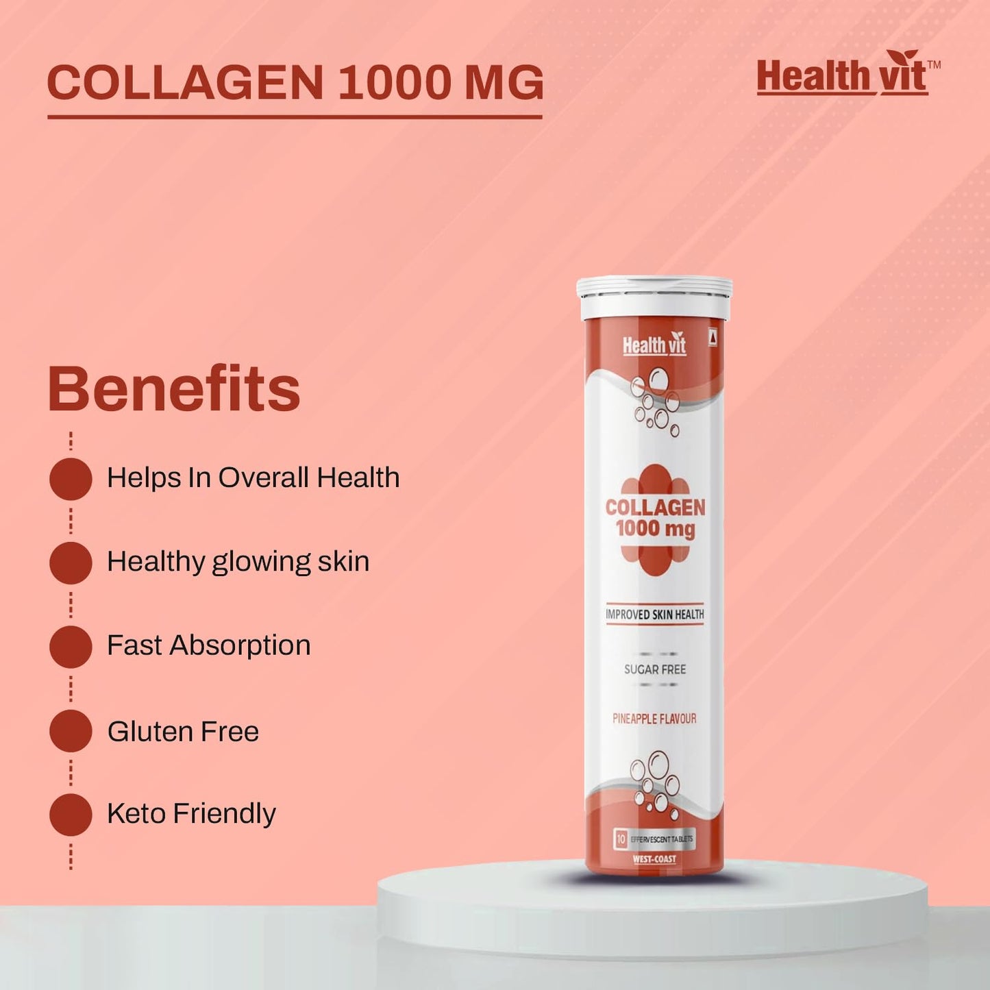 Healthvit Collagen 1000mg Collagen Peptides for Skin, Thick Hair, Stronger Nails and Joints - Sugar Free 10 Effervescent Tablets Pineapple Flavor