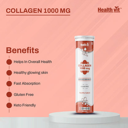 Healthvit Collagen 1000mg Collagen Peptides for Skin, Thick Hair, Stronger Nails and Joints - Sugar Free 10 Effervescent Tablets Pineapple Flavor