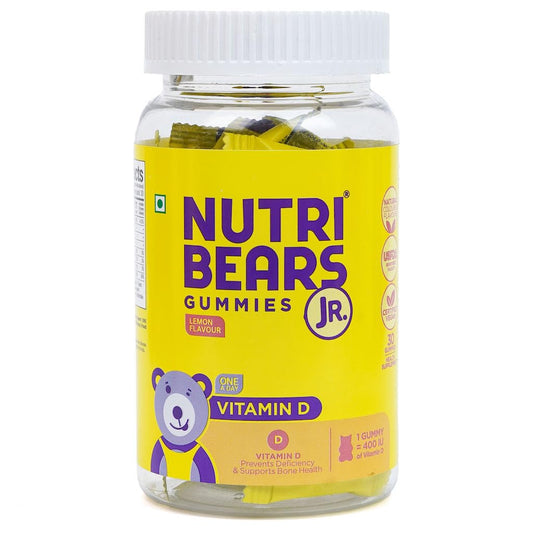 NutriBears Vitamin D Gummies for Kids and Adults (30 Gummy Chewables, Lemon Flavour) 400 IU Per Gummy, Promotes Positive Mood and Enhances Calcium Absorption, Vegetarian Supplement