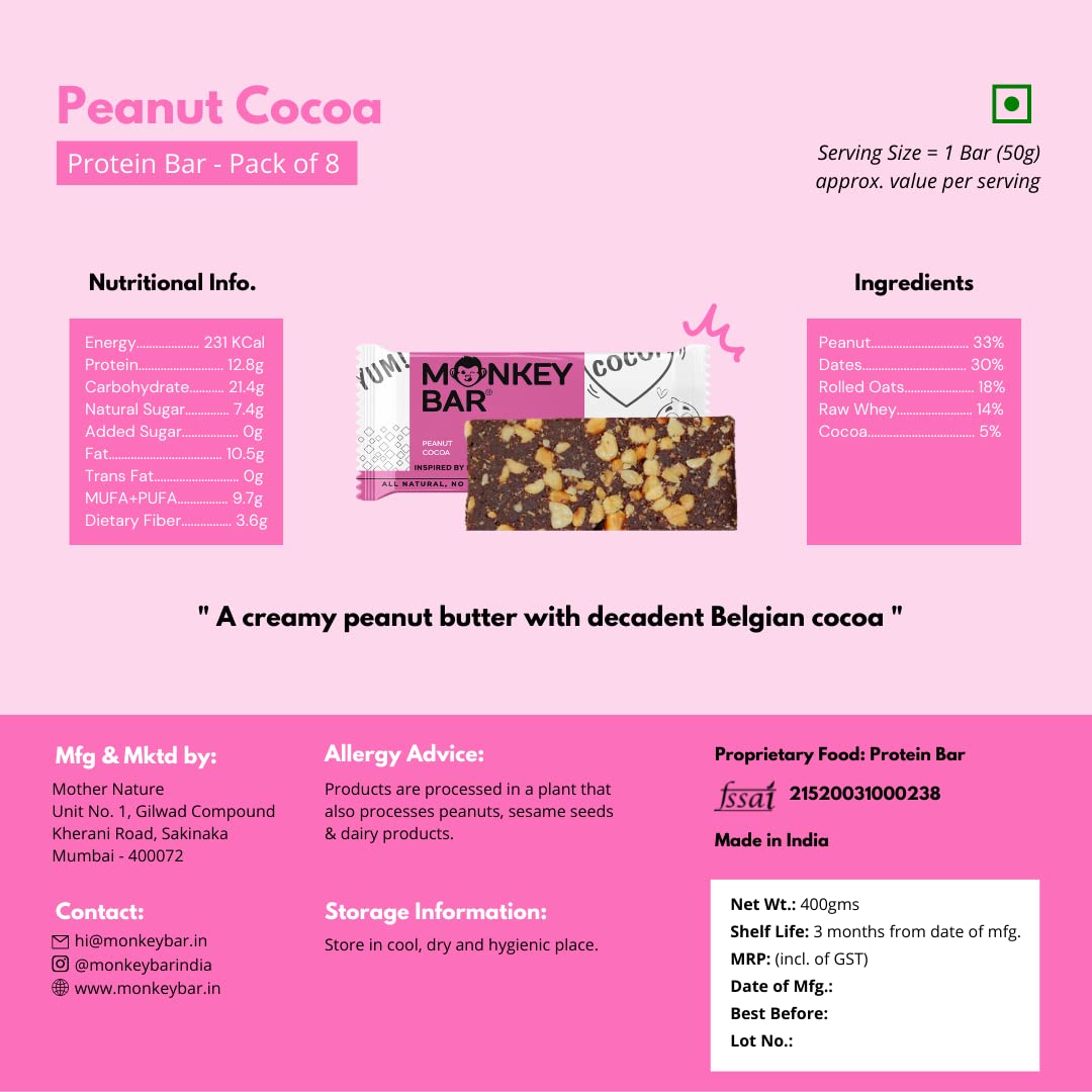 MONKEY BAR - Peanut Cocoa Protein Bars - 8 Bars, 50g each, 13g Protein,- image 3