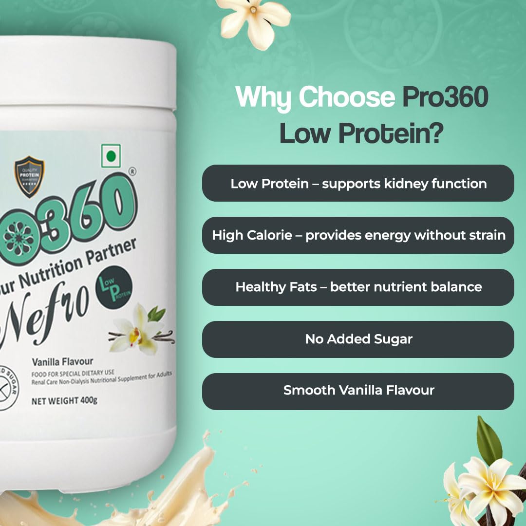 Pro360 Nefro LP Powder Vanilla Flavour – 400g Low Protein Nutrition Supplement for Kidney Health (Non-Dialysis) – Vanilla Protein Powder Enriched with L-Taurine, L-Carnitine (Pack of 2)