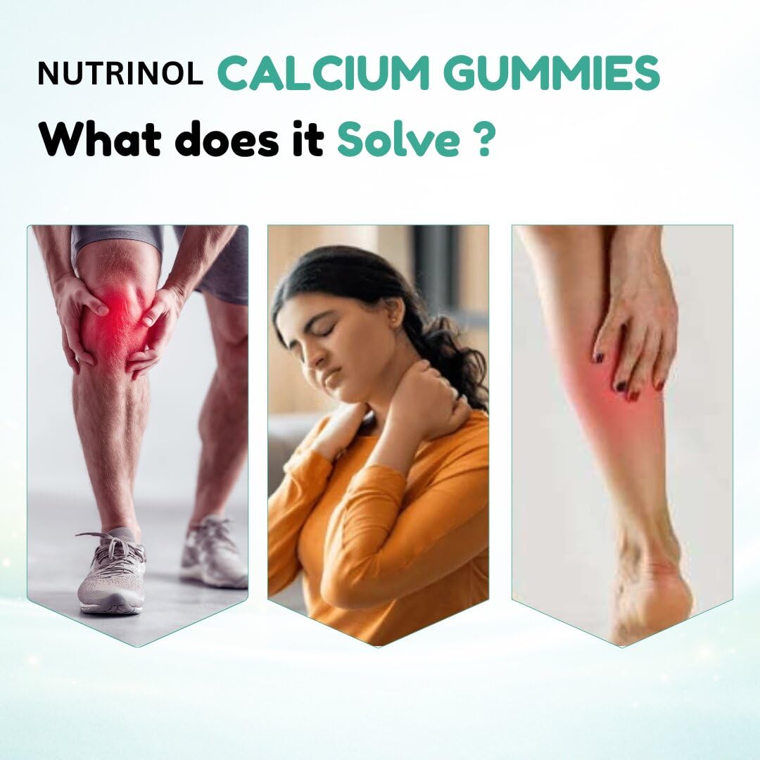 Knoll Healthcare Nutrinol Calcium Gummies with Vitamin D3 | Bone Health, Teeth Strength & Muscle Support | No Added Sugar | Peach Flavour Calcium Supplement for Men, Women & Kids | 60 Gummies