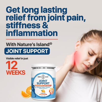 Nature's Island Joint Support Supplement with Marine Collagen, Glucosamine, Boswellia, Hadjod, Vitamin D3 and C for Cartilage, Bones & Joints | Relieves Joint Pain, Inflammation & Stiffness | 250g (Orange)