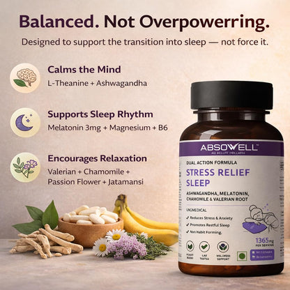 Absowell Stress & Sleep Relief | 60 Veg Capsules | Ashwagandha 300mg, L-Theanine 200mg, Valerian, Chamomile & Melatonin 3mg | Natural Non-Habit Forming Sleep Aid & Stress Relief Supplement