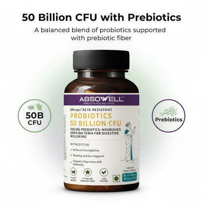 Absowell Probiotics 50 Billion CFU | 6 Strain Precision Probiotic Supplement with Lactobacillus rhamnosus GG & Saccharomyces boulardii | Supports Gut Health, Digestion & Bloating | Vegan Acid-Resistant DRcaps | 60 Capsules