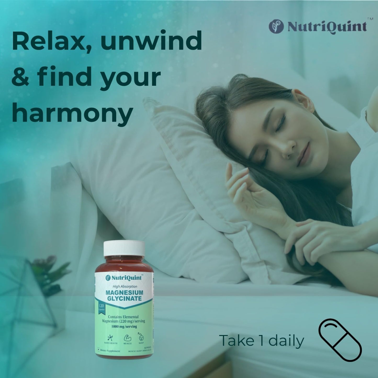 NutriQuint Magnesium Glycinate 1000 mg – High Absorption – 220mg Elemental Magnesium per Serving – 120 Veg Capsules – Non-Laxative, Muscle, Sleep & Nerve Support – Made in India