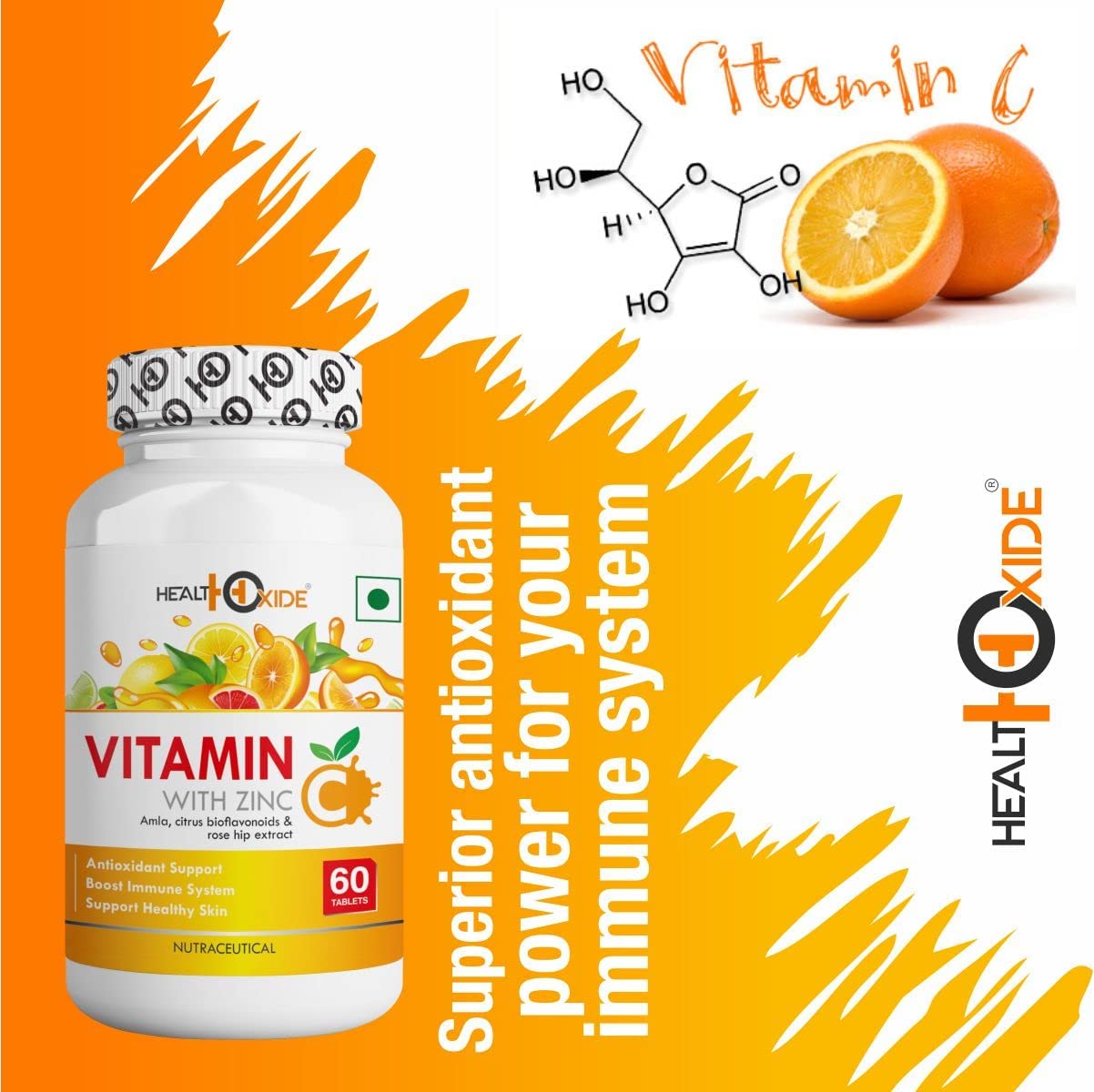 HEALTHOXIDE Pure Vitamin C 1000mg Tablet Supplement- Boost Immune System, Skin Glow, AntiOxidant - 60 Tablets