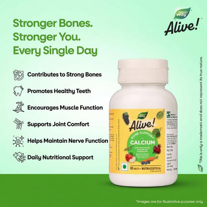 Nature's Way Alive Calcium Bone Support with Vitamin D3,Magnesium and Vitamin K2-7 | Joint and Bone support for Men & Women | Natural Calcium for Strong Bones & Teeth - 60 Veg Tablets