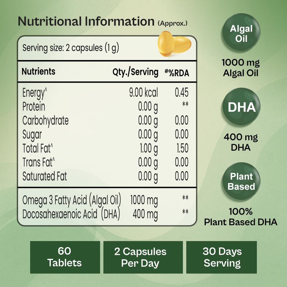 Tata 1mg Vegetarian Omega |1000 mg Algal Oil with 400mg DHA | Plant-Based Omega-3 | Supports Heart, Brain & Joint Health | 60 Veg Capsules