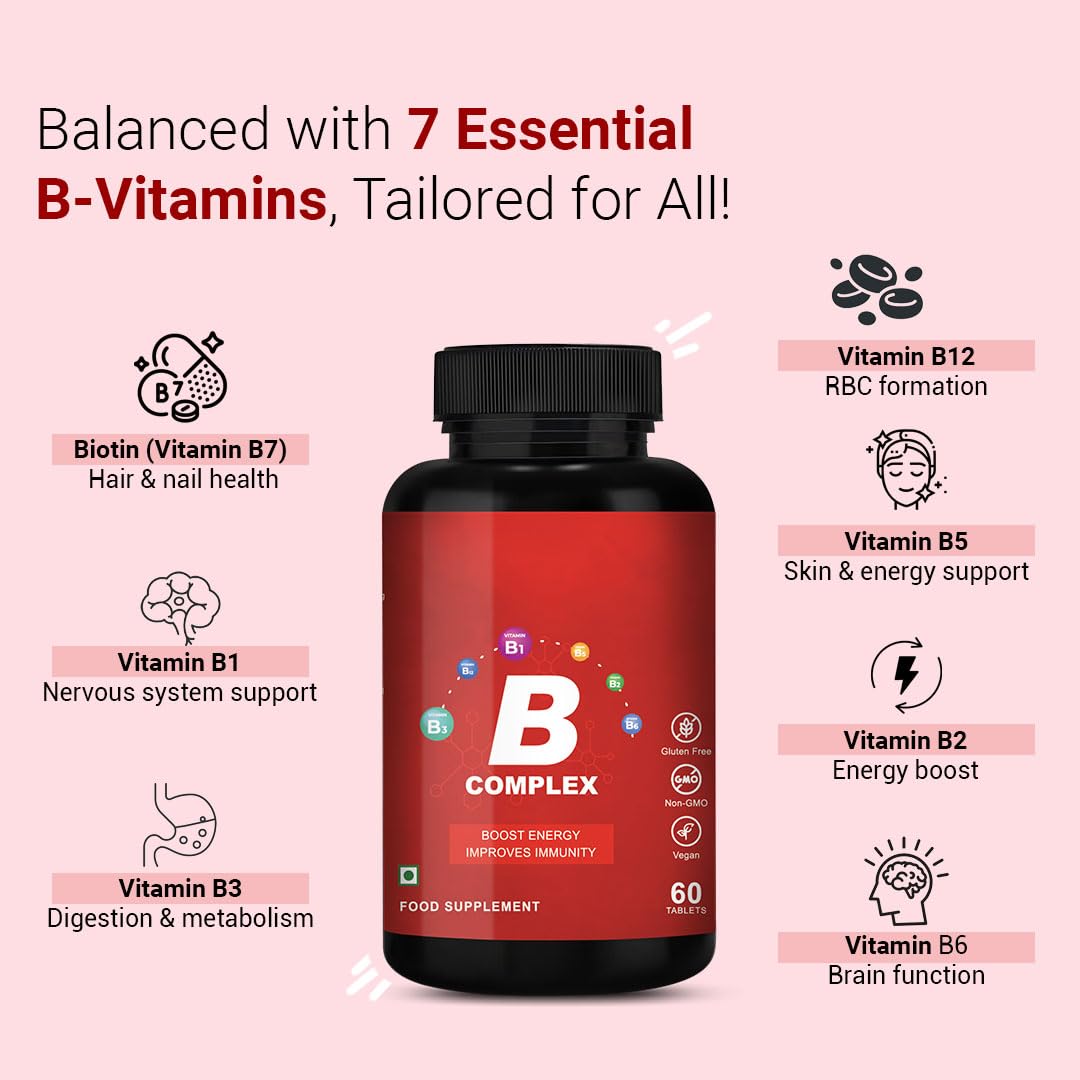 CUREFOREVER Vitamin B Complex Tablets | with B1, B2, B5, B6, Biotin & B12 | Energy, Metabolism & Immunity Support | Healthy Hair, Skin & Nails | Vegan B Complex for Men & Women – 60 Tablets