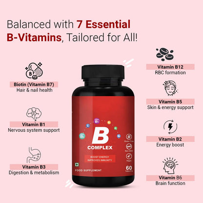 CUREFOREVER Vitamin B Complex Tablets | with B1, B2, B5, B6, Biotin & B12 | Energy, Metabolism & Immunity Support | Healthy Hair, Skin & Nails | Vegan B Complex for Men & Women – 60 Tablets