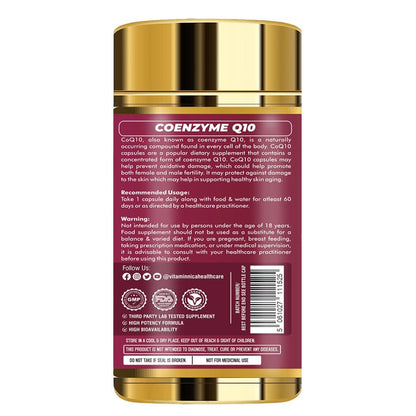 Vitaminnica Coenzyme Q10 200mg Double Strength Ubiquinone | 60 Veg Capsules | Supports Heart Health, Boosts Stamina & Powerful Antioxidant | Highly Absorption Formula