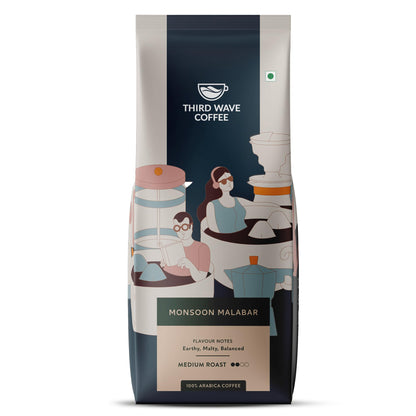 THIRD WAVE COFFEE | Monsoon Malabar Aa | 100% Arabica | Medium Roast | Whole Beans | 250 grams | Pouch