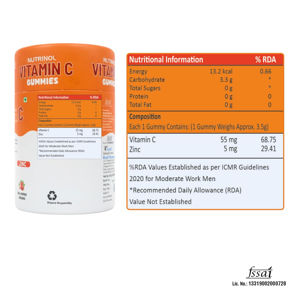 Knoll Healthcare Nutrinol Vitamin C | 30 Gummy + Zinc for Daily Immunity | Helps to boost & Strengthens for Healthy Skin, Hair & Nails, Skincare Straberry Flavour (Pack Of 2)