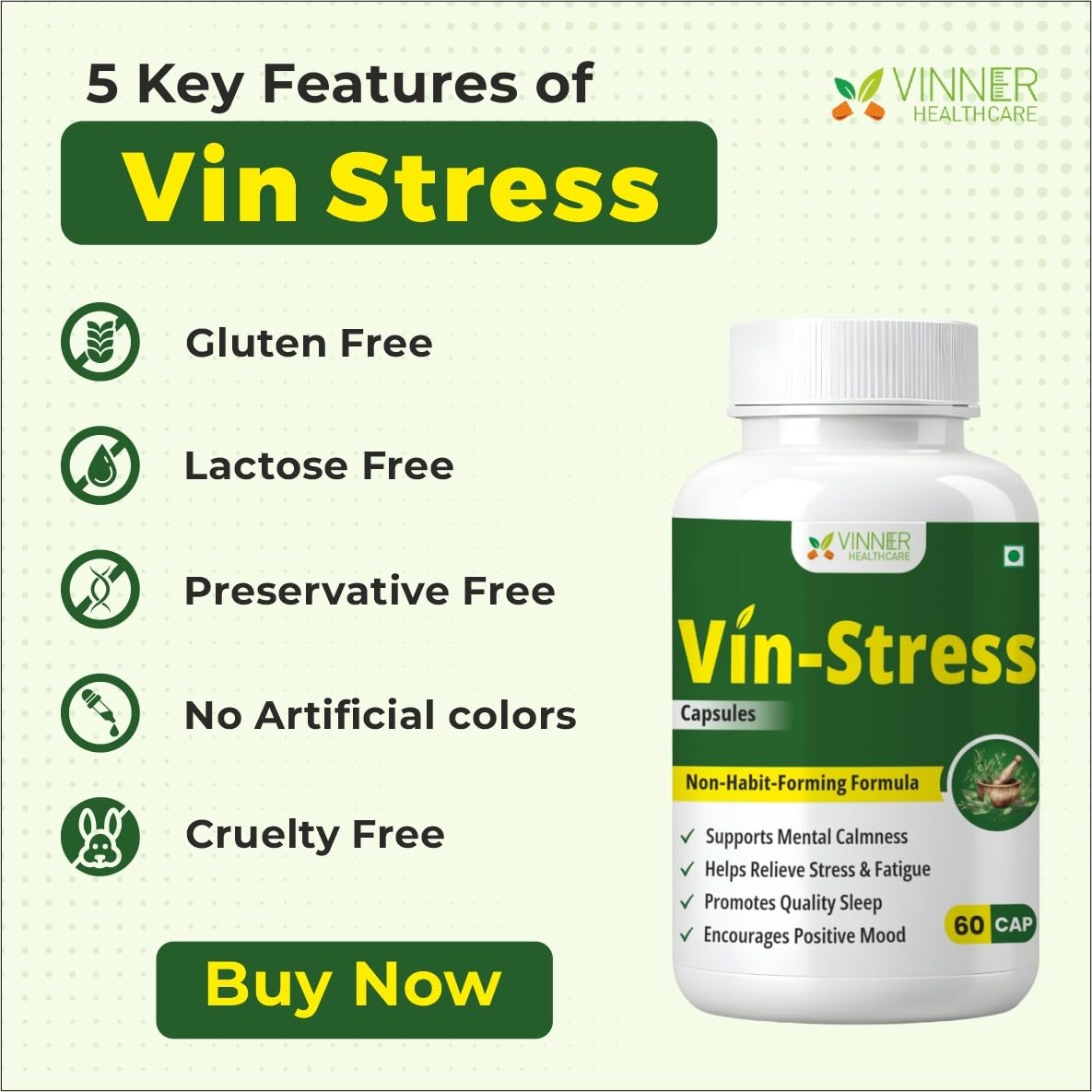 Vin-Stress Capsules | Ayurvedic Stress Relief & Sleep Support | Herbal Supplement with Ashwagandha, Shankhpushpi, Brahmi, Jatamansi, Tagar & More | 60 Capsules
