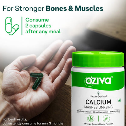 OZiva Calcium, Magnesium, Zinc Supplement | With Vitamin D3 for Optimum Absoprtion | For Bone Health & Muscle Function - 60 Capsules