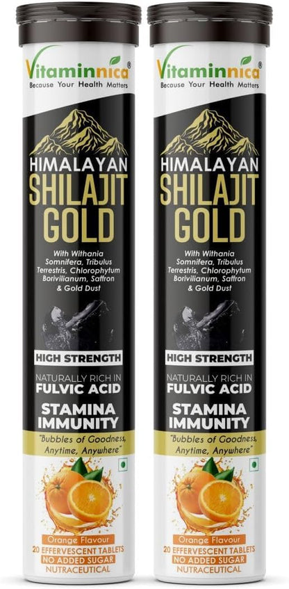 Vitaminnica Himalayan Shilajit Gold Effervescent Tablets, Orange Flavour, High Strength Fulvic Acid, Stamina & Immunity Support, 20 Count (Pack of 2)
