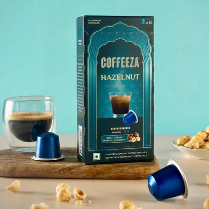 Coffeeza Hazelnut Flavoured Aluminium Coffee Capsules, Intensity - 7 |100% Arabica | Nespresso Compatible Coffee Pods | Box of 1 (10 Capsules)