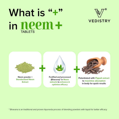 Vedistry Neem+ Tablets | Promotes Skin Health | Control Acne, dark spot & Blemishes | Natural Blood Purifier (60 Tablets in one bottle)