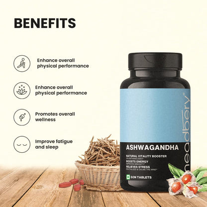 Meadbery Ashwagandha Tablet, 1000mg of True Himalayan Ashwagandha Tablet, Energy and Immunity Booster Ashwagandha Capsules for Men and Women, Clinically Researched Ingredients (60 Tablets)